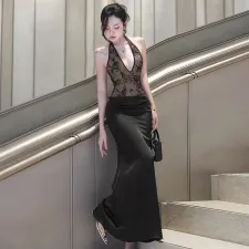 Sexy V Neck Lace Patchwork Maxi Dress FL-YL24496MHO