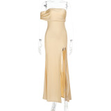 Sexy Single Sleeve One Shoulder High Split Maxi Dress FL-WQ24264MHO