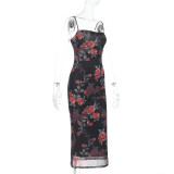 Sexy Sling Mesh Print Midi Dress FL-YJ24662DGO