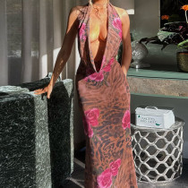 Sexy Halterneck Backless Printed Maxi Dress FL-JY24623MHO