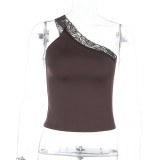 Solid Color Slash Shoulder Lace Patchwork Tops FL-ZX24441PFO