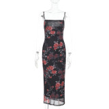 Sexy Sling Mesh Print Midi Dress FL-YJ24662DGO