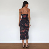 Sexy Sling Mesh Print Midi Dress FL-YJ24662DGO