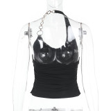 Chain Halterneck Deep v-neck Backless Top FL-JY24697PFO