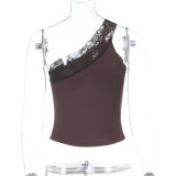Solid Color Slash Shoulder Lace Patchwork Tops FL-ZX24441PFO