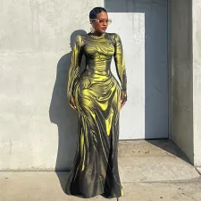 Print High Waist Long Sleeve Slim Maxi Dress GZJQ-K24D53517