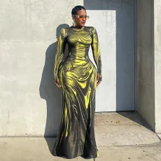Print High Waist Long Sleeve Slim Maxi Dress GZJQ-K24D53517