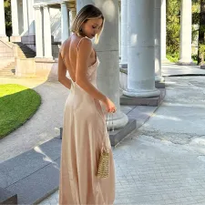 Sexy V-neck Backless Satin Sling Maxi Dress FL-XY24609PFO
