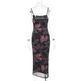 Sexy Sling Mesh Print Midi Dress FL-YJ24662DGO