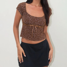 Square Neck Bow Print Short Sleeve T-shirt FL-YL24610CPO