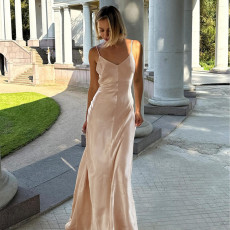 Sexy V-neck Backless Satin Sling Maxi Dress FL-XY24609PFO