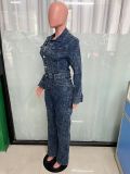 Washed Long Sleeve Patchwork Denim Jumpsuit LX-6039