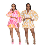 Print Zipper Loose Bubble Sleeve Blouse Skirts Suit SFY-653