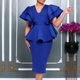 Plus Size Ruffle Solid Color Slim Fit Gown Dress GATE-569