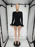 Feather Splicing Long Sleeve Backless Romper QXLB-10099