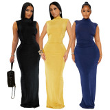 Half High Neck Pleated Sleeveless Maxi Dress ASL-6780