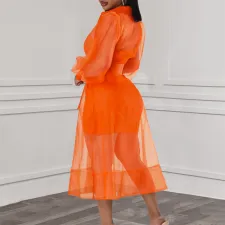 Mesh Tie Up Shirt Dress+Sling Vest Dress Two Piece Set GMLF-3324