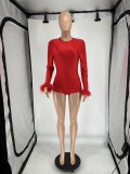 Feather Splicing Long Sleeve Backless Romper QXLB-10099