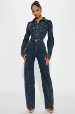 Washed Long Sleeve Patchwork Denim Jumpsuit LX-6039