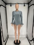 Feather Splicing Long Sleeve Backless Romper QXLB-10099