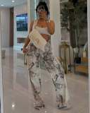 Printed Faux Denim Drawstring Relaxed Straight Pants GSMJ-6988