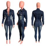 Long Sleeve Single Breasted Denim Jumpsuit LX-6040