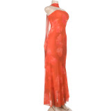 Flutter Mesh Print Tube Tops Maxi Dress FL-YJ25002PFO