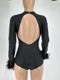 Feather Splicing Long Sleeve Backless Romper QXLB-10099
