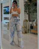 Printed Faux Denim Drawstring Relaxed Straight Pants GSMJ-6988