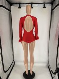 Feather Splicing Long Sleeve Backless Romper QXLB-10099