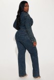 Washed Long Sleeve Patchwork Denim Jumpsuit LX-6039