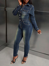 Long Sleeve Single Breasted Denim Jumpsuit LX-6040