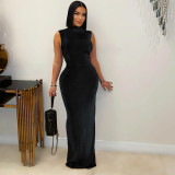 Half High Neck Pleated Sleeveless Maxi Dress ASL-6780