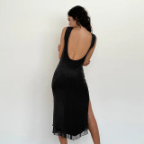 Sleeveless Solid Backless Split Maxi Dress FL-XY24670PFO