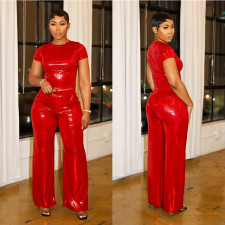 Hot Stamping Solid Color Short Sleeve Wide Leg Pants Set YNSF-2673