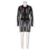Hollow Out Long Sleeve Lapel Knit Skirt Set ZSD-0339