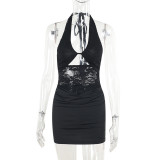 Lace Hollow Out Patchwork Halterneck Mini Dress FL-XY24624DGO