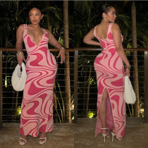 Print Backless Hollow Out Sling Maxi Dress YNSF-2675