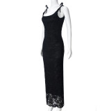 Strappy Bow Backless Lace Double Layer Long Dress GNZD-51526DHD