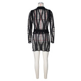 Hollow Out Long Sleeve Lapel Knit Skirt Set ZSD-0339