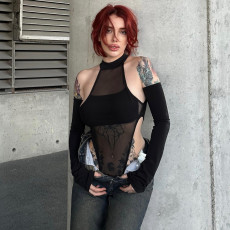 Mesh Hollow Out Long Sleeve Bodysuit GNZD-51463TBD