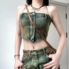Washed Zipper Wrap Chest Denim Vest GMWF-AL8889