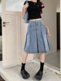 Washed Denim Pleated Mid-length Skirt GMWF-55698