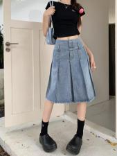 Washed Denim Pleated Mid-length Skirt GMWF-55698