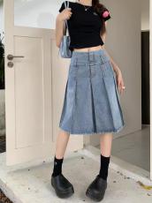 Washed Denim Pleated Mid-length Skirt GMWF-55698