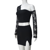 Lace Sexy Hollow Out Single Shoulder Tops Skirts Suit GNZD-51501SHD