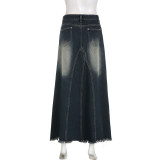 Washed Colorblocked A-Line Denim Half-Body Skirt GMWF-AL9626