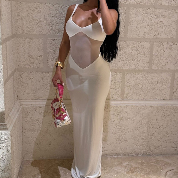 Mesh Patcwork V Neck See Through Maxi Dress GNZD-51488DHD