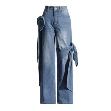 Washed Spliced Bow Wide Leg Jeans GMWF-S98569