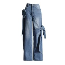 Washed Spliced Bow Wide Leg Jeans GMWF-S98569